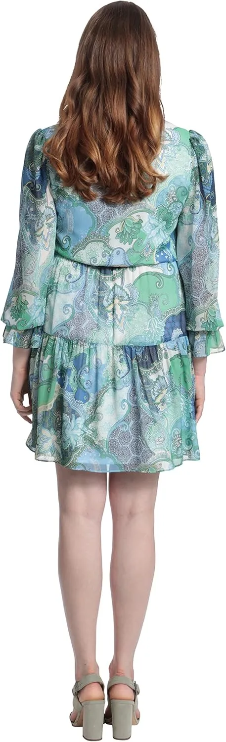 London Times Women's V-Neck Button Bodice Elastic Waist Tiered Dress