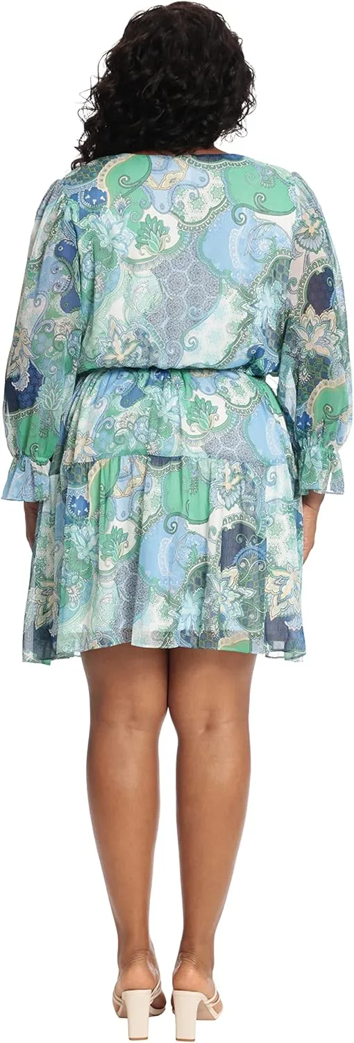 London Times Women's V-Neck Button Bodice Elastic Waist Tiered Dress