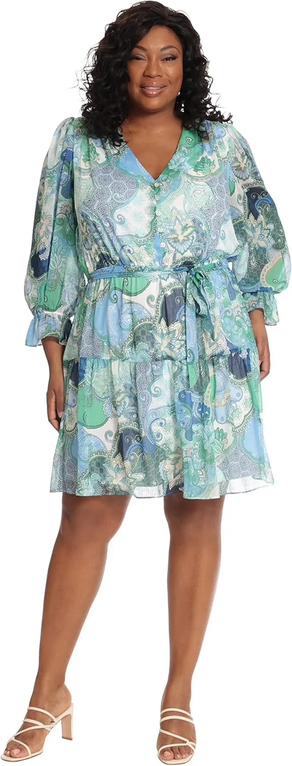London Times Women's V-Neck Button Bodice Elastic Waist Tiered Dress