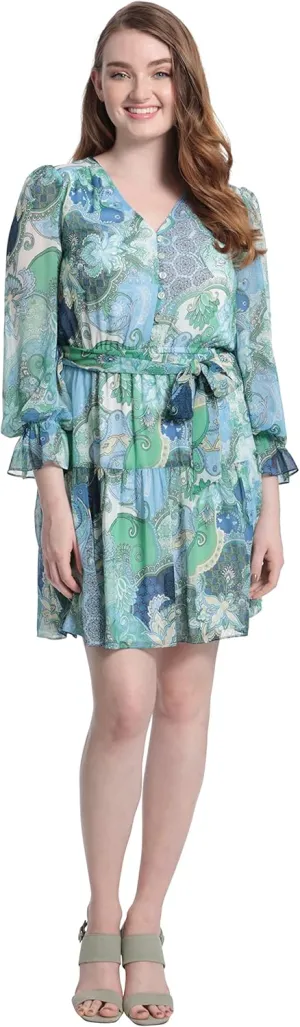 London Times Women's V-Neck Button Bodice Elastic Waist Tiered Dress