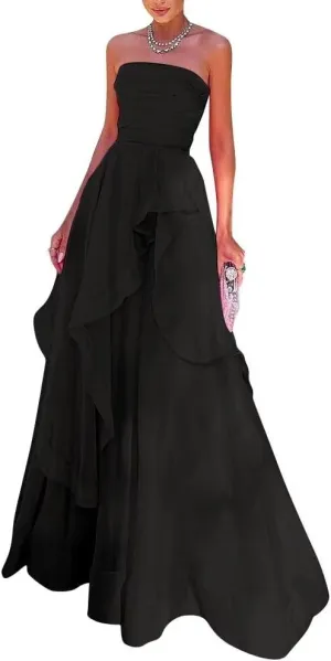Long Chiffon Bridesmaid Dress Off The Shoulder Ruffles Prom Dresses Strapless Layered Formal Evening Party Gown