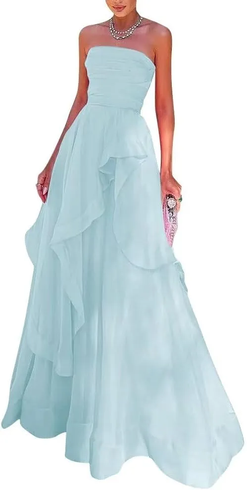 Long Chiffon Bridesmaid Dress Off The Shoulder Ruffles Prom Dresses Strapless Layered Formal Evening Party Gown
