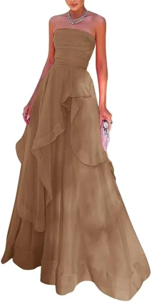 Long Chiffon Bridesmaid Dress Off The Shoulder Ruffles Prom Dresses Strapless Layered Formal Evening Party Gown