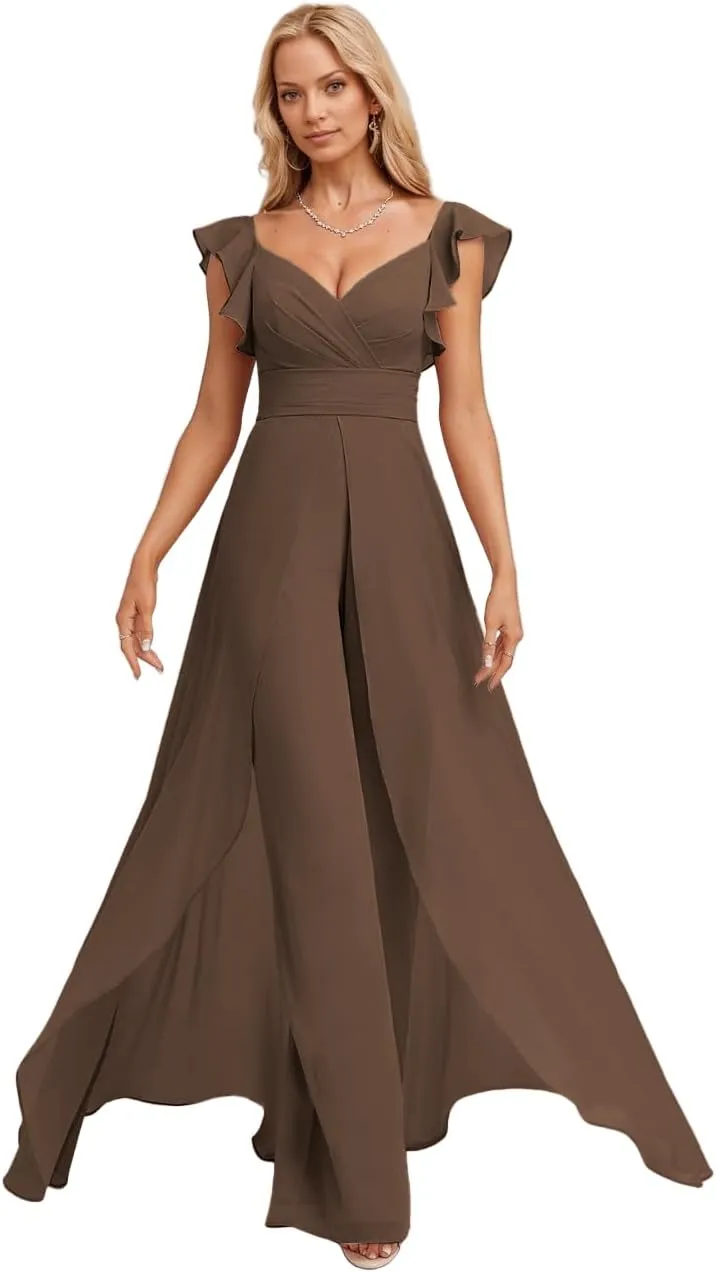 Long Chiffon Bridesmaid Jumpsuit for Women V-Neck Ruffle Cap Sleeve Formal Party Dresses Simple Evening Gown
