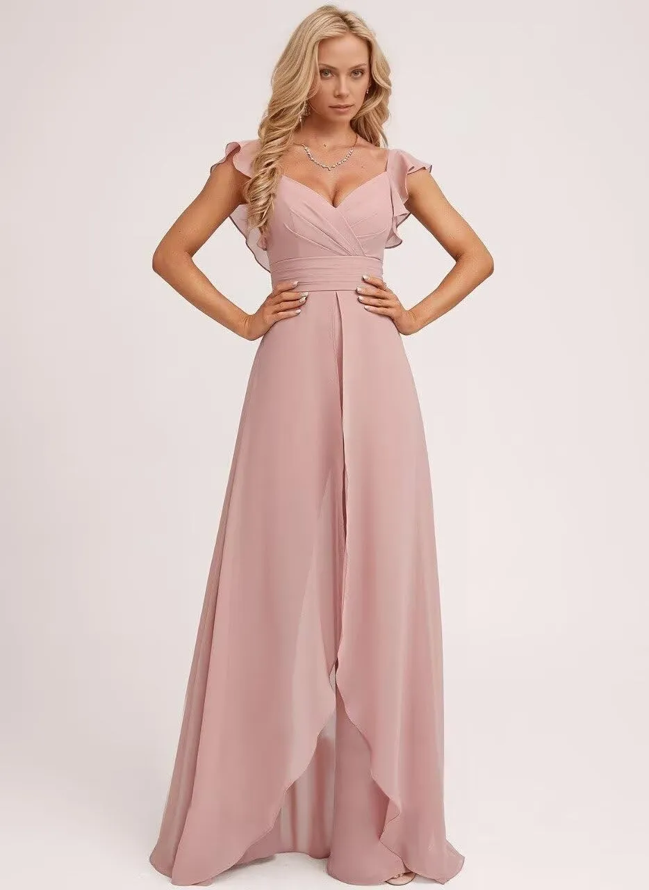 Long Chiffon Bridesmaid Jumpsuit for Women V-Neck Ruffle Cap Sleeve Formal Party Dresses Simple Evening Gown