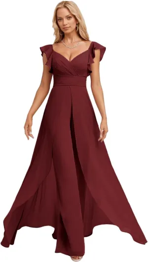Long Chiffon Bridesmaid Jumpsuit for Women V-Neck Ruffle Cap Sleeve Formal Party Dresses Simple Evening Gown