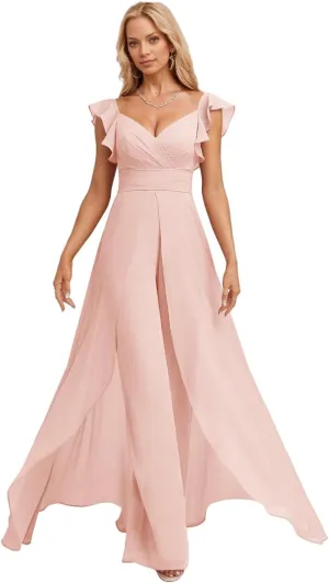 Long Chiffon Bridesmaid Jumpsuit for Women V-Neck Ruffle Cap Sleeve Formal Party Dresses Simple Evening Gown
