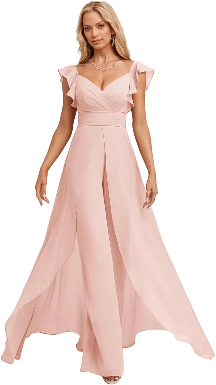 Long Chiffon Bridesmaid Jumpsuit for Women V-Neck Ruffle Cap Sleeve Formal Party Dresses Simple Evening Gown
