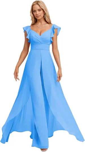 Long Chiffon Bridesmaid Jumpsuit for Women V-Neck Ruffle Cap Sleeve Formal Party Dresses Simple Evening Gown