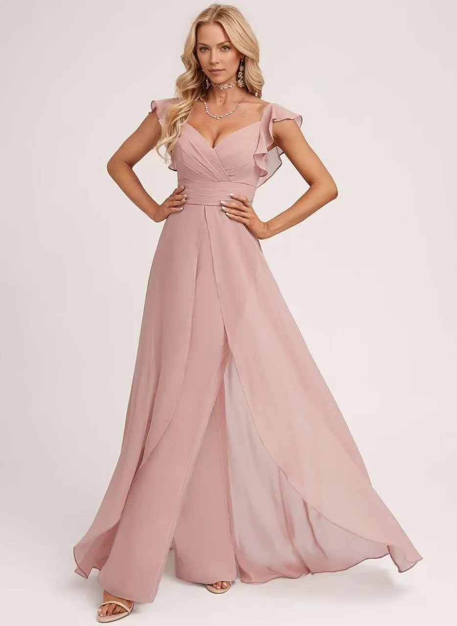 Long Chiffon Bridesmaid Jumpsuit for Women V-Neck Ruffle Cap Sleeve Formal Party Dresses Simple Evening Gown
