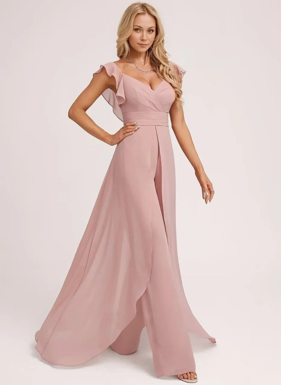 Long Chiffon Bridesmaid Jumpsuit for Women V-Neck Ruffle Cap Sleeve Formal Party Dresses Simple Evening Gown