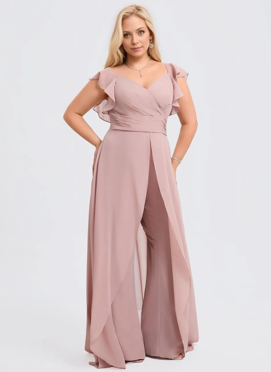 Long Chiffon Bridesmaid Jumpsuit for Women V-Neck Ruffle Cap Sleeve Formal Party Dresses Simple Evening Gown