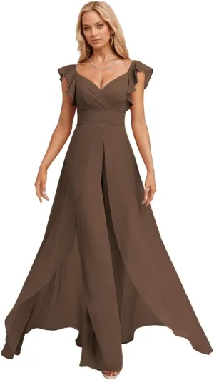 Long Chiffon Bridesmaid Jumpsuit for Women V-Neck Ruffle Cap Sleeve Formal Party Dresses Simple Evening Gown