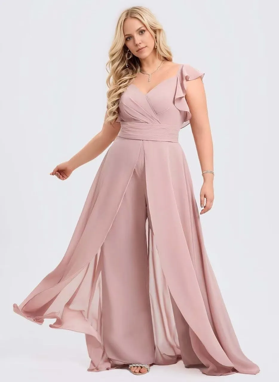Long Chiffon Bridesmaid Jumpsuit for Women V-Neck Ruffle Cap Sleeve Formal Party Dresses Simple Evening Gown