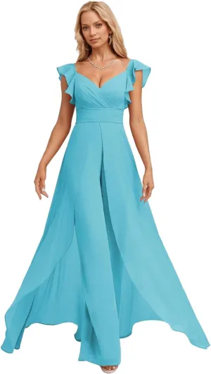 Long Chiffon Bridesmaid Jumpsuit for Women V-Neck Ruffle Cap Sleeve Formal Party Dresses Simple Evening Gown