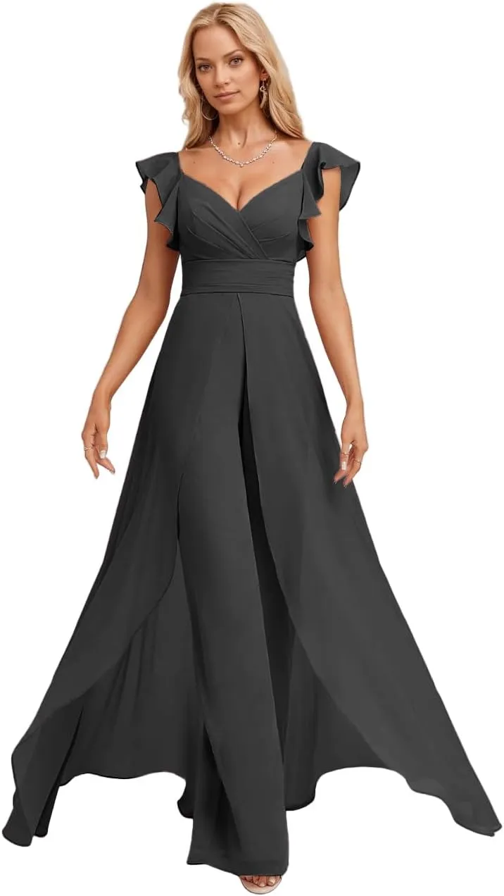Long Chiffon Bridesmaid Jumpsuit for Women V-Neck Ruffle Cap Sleeve Formal Party Dresses Simple Evening Gown