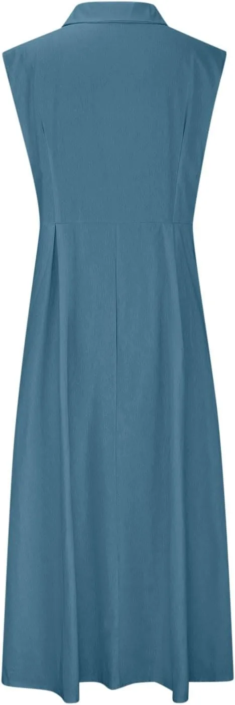 Long Dresses for Women Casual Summer Sleeveless Empire Waist Tshirts Dress Cotton Linen Button Down Maxi Sundress