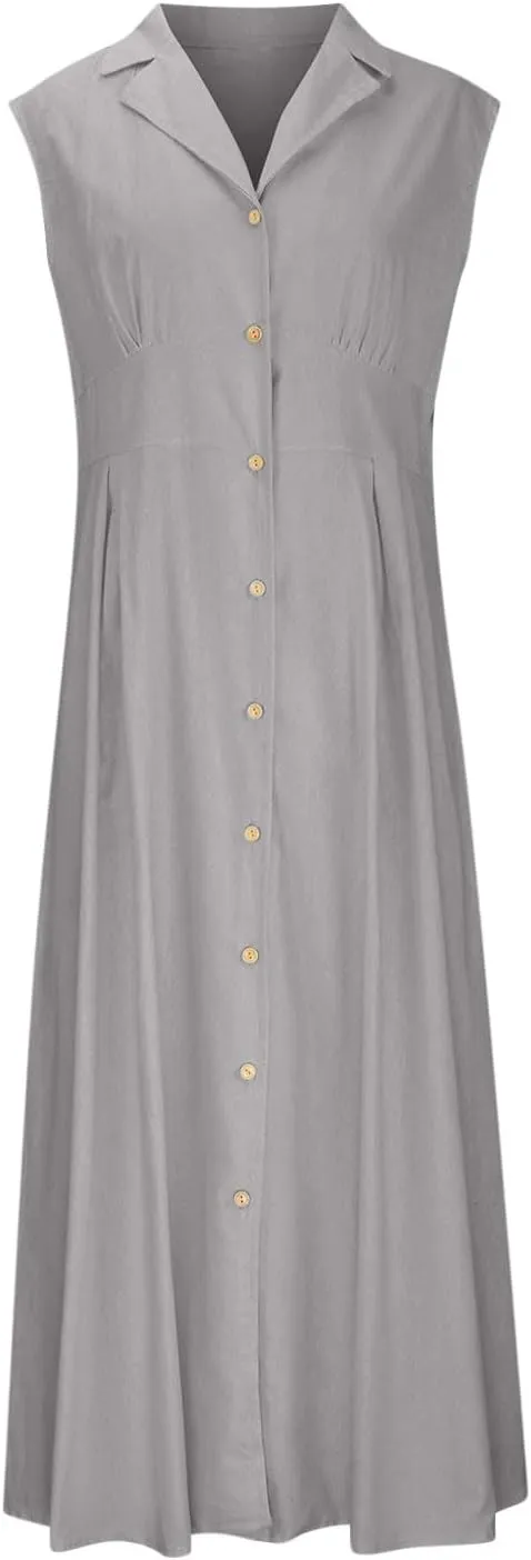 Long Dresses for Women Casual Summer Sleeveless Empire Waist Tshirts Dress Cotton Linen Button Down Maxi Sundress