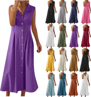 Long Dresses for Women Casual Summer Sleeveless Empire Waist Tshirts Dress Cotton Linen Button Down Maxi Sundress