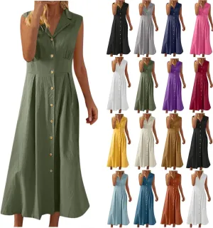 Long Dresses for Women Casual Summer Sleeveless Empire Waist Tshirts Dress Cotton Linen Button Down Maxi Sundress