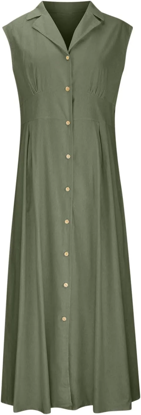Long Dresses for Women Casual Summer Sleeveless Empire Waist Tshirts Dress Cotton Linen Button Down Maxi Sundress