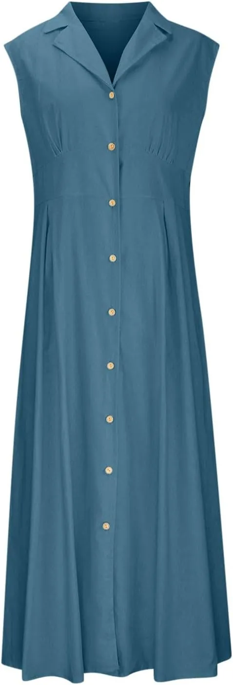 Long Dresses for Women Casual Summer Sleeveless Empire Waist Tshirts Dress Cotton Linen Button Down Maxi Sundress