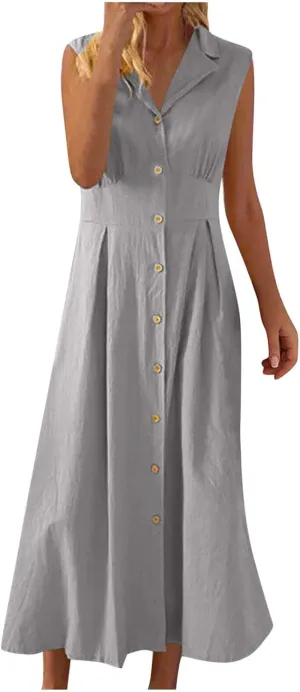 Long Dresses for Women Casual Summer Sleeveless Empire Waist Tshirts Dress Cotton Linen Button Down Maxi Sundress