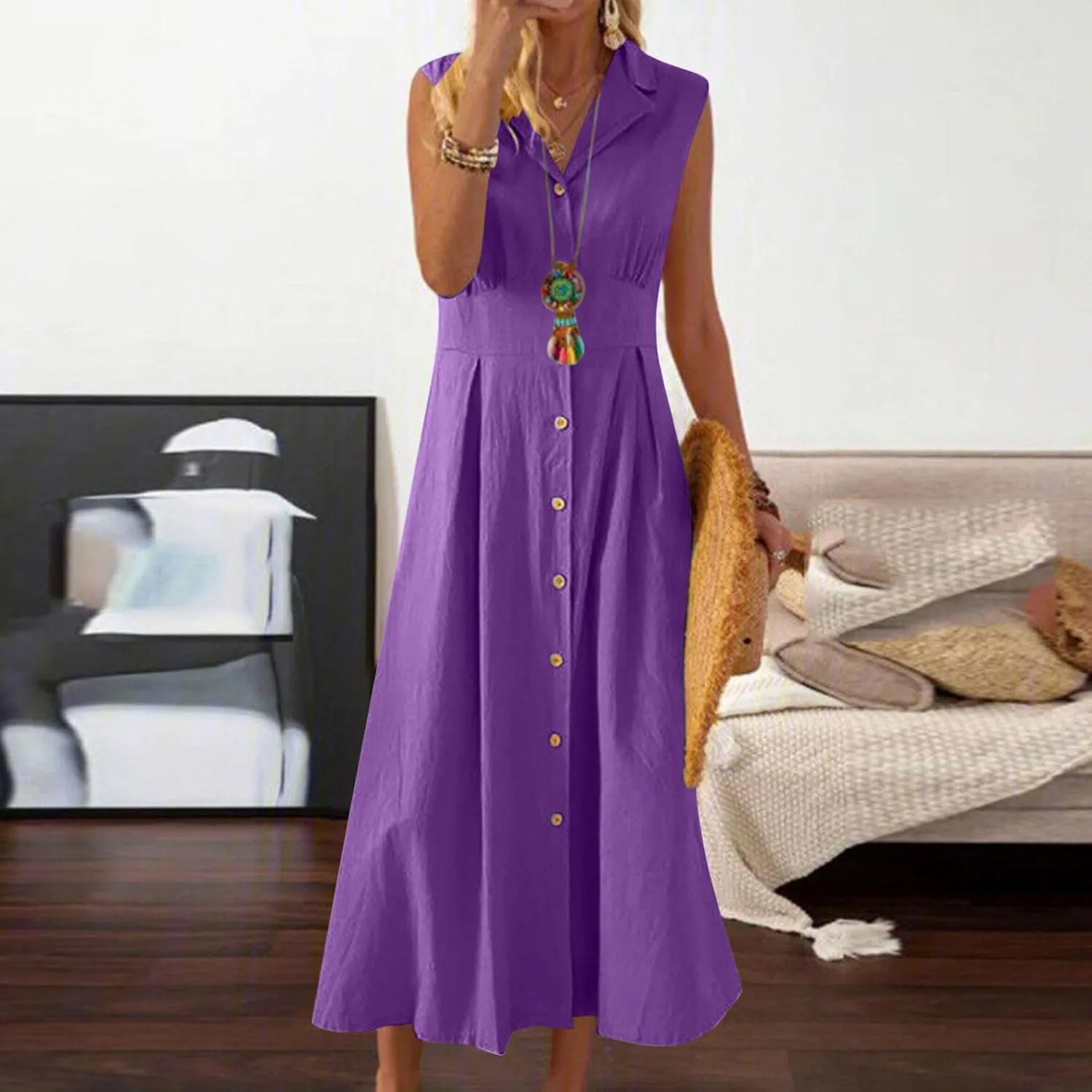 Long Dresses for Women Casual Summer Sleeveless Empire Waist Tshirts Dress Cotton Linen Button Down Maxi Sundress