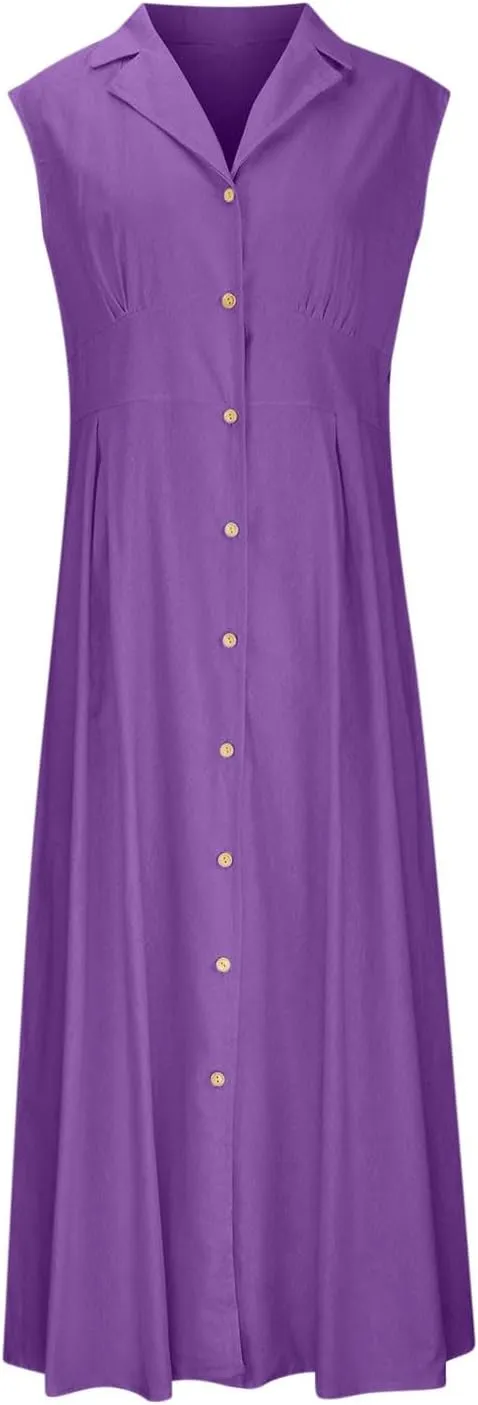 Long Dresses for Women Casual Summer Sleeveless Empire Waist Tshirts Dress Cotton Linen Button Down Maxi Sundress