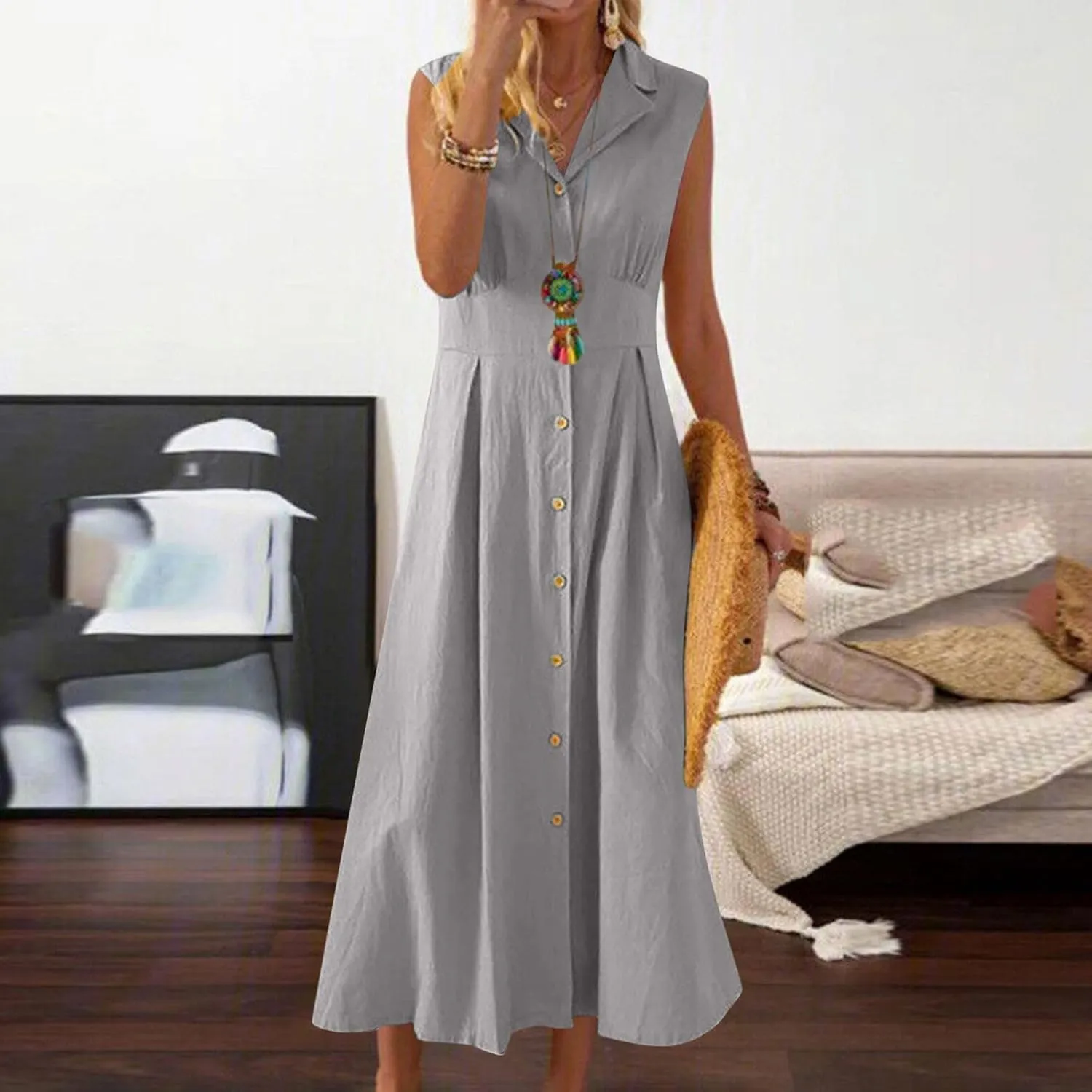 Long Dresses for Women Casual Summer Sleeveless Empire Waist Tshirts Dress Cotton Linen Button Down Maxi Sundress