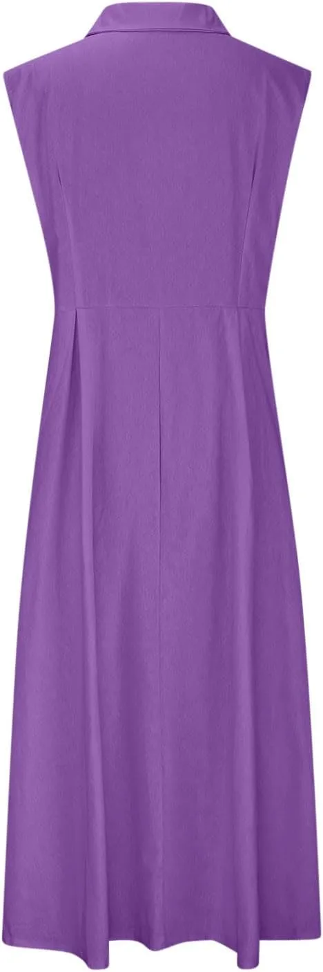 Long Dresses for Women Casual Summer Sleeveless Empire Waist Tshirts Dress Cotton Linen Button Down Maxi Sundress