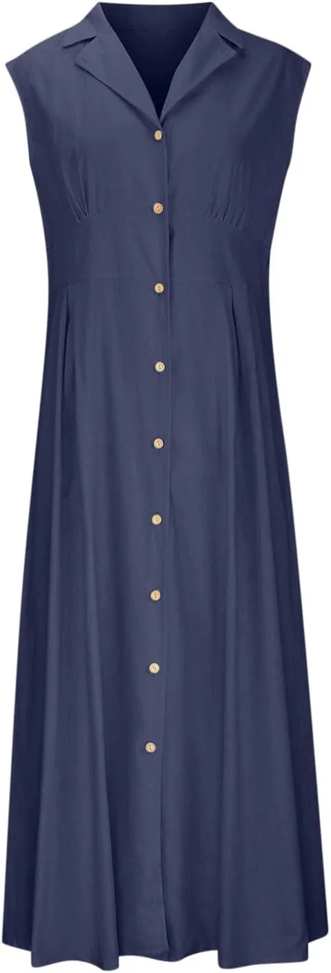 Long Dresses for Women Casual Summer Sleeveless Empire Waist Tshirts Dress Cotton Linen Button Down Maxi Sundress
