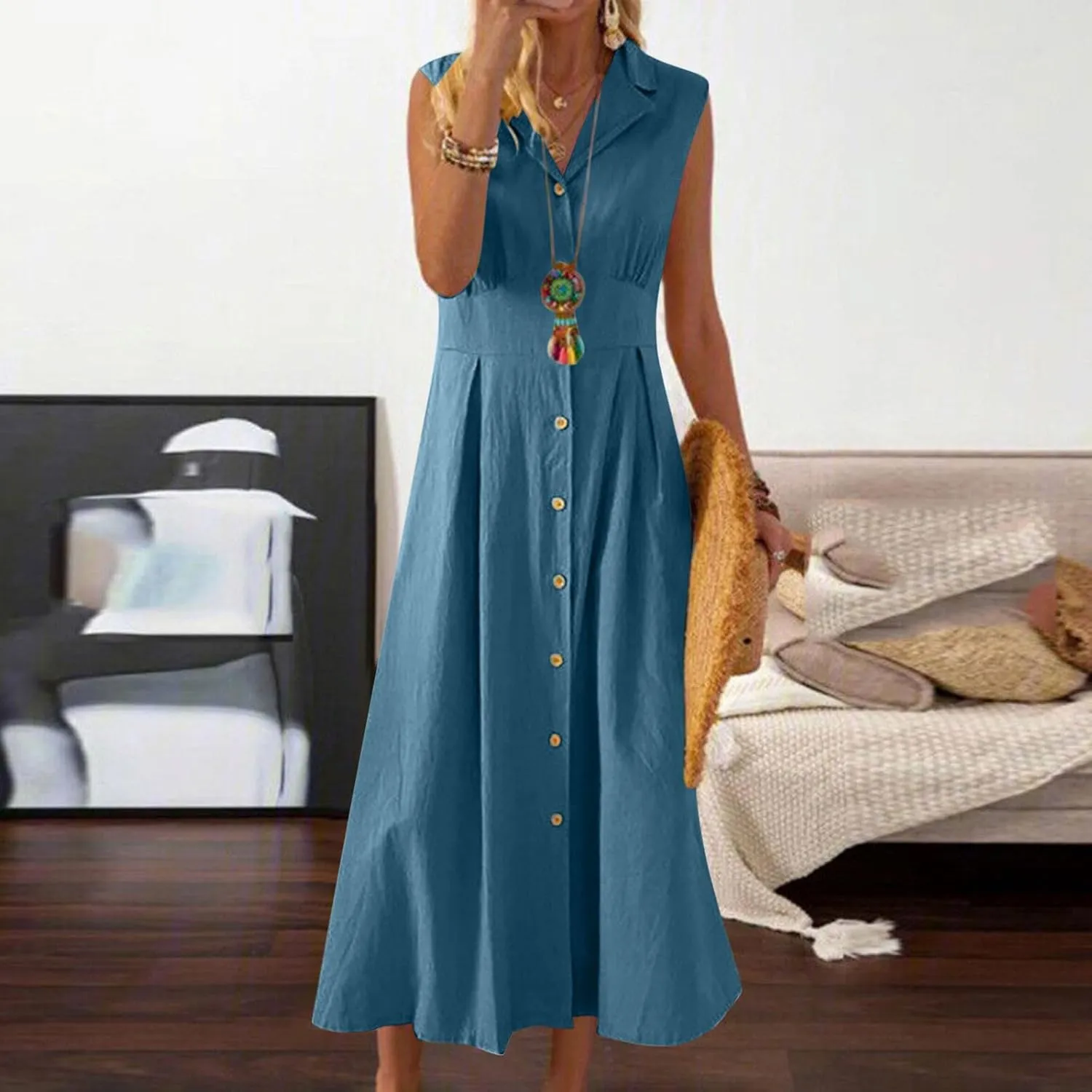 Long Dresses for Women Casual Summer Sleeveless Empire Waist Tshirts Dress Cotton Linen Button Down Maxi Sundress