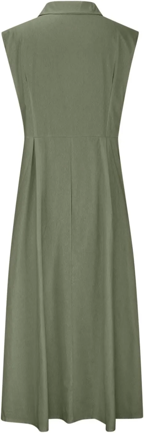 Long Dresses for Women Casual Summer Sleeveless Empire Waist Tshirts Dress Cotton Linen Button Down Maxi Sundress