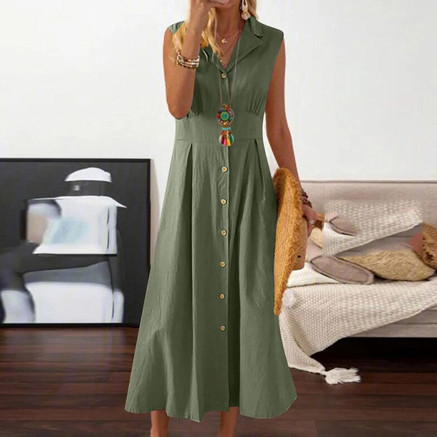 Long Dresses for Women Casual Summer Sleeveless Empire Waist Tshirts Dress Cotton Linen Button Down Maxi Sundress