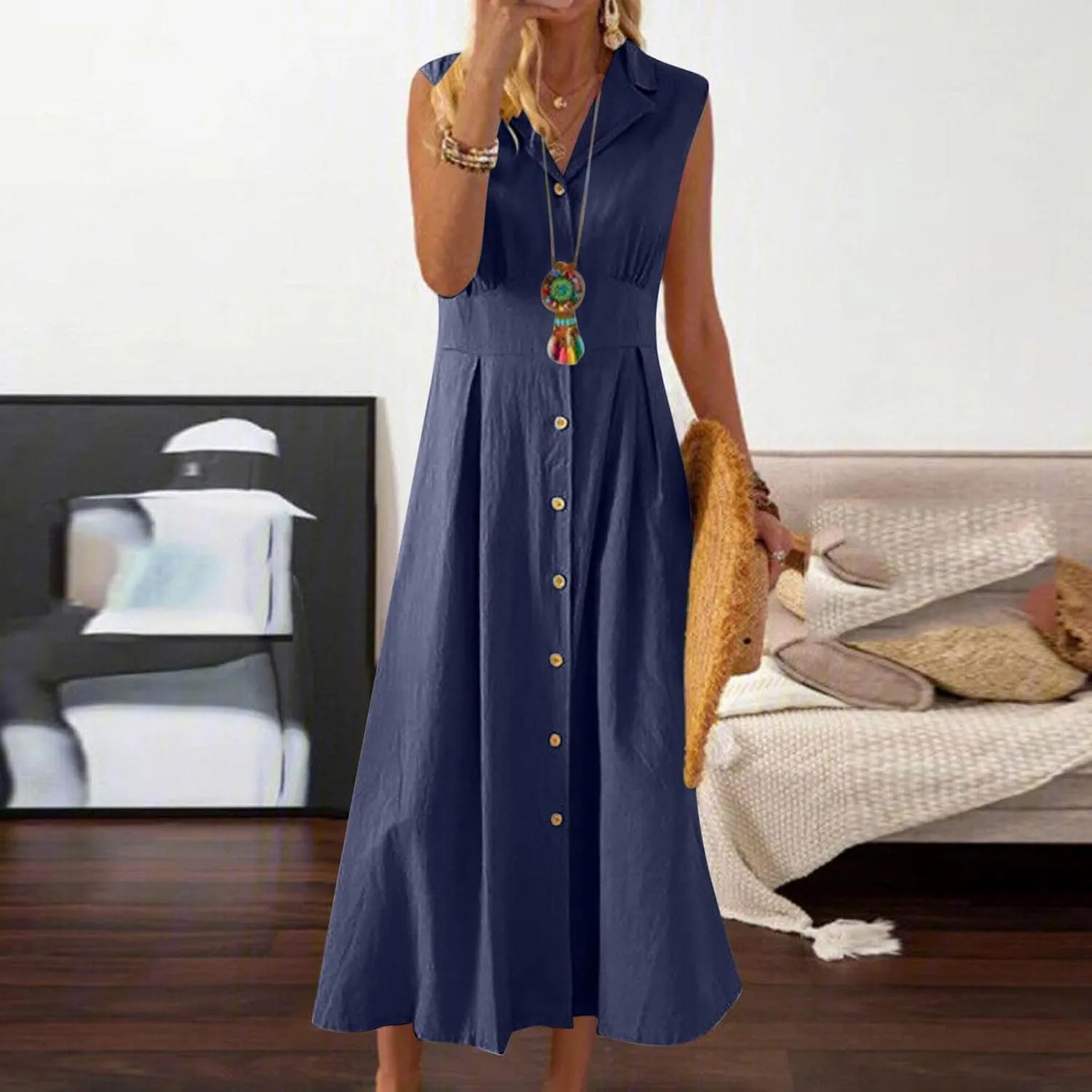 Long Dresses for Women Casual Summer Sleeveless Empire Waist Tshirts Dress Cotton Linen Button Down Maxi Sundress