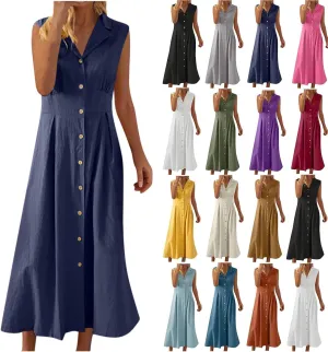 Long Dresses for Women Casual Summer Sleeveless Empire Waist Tshirts Dress Cotton Linen Button Down Maxi Sundress