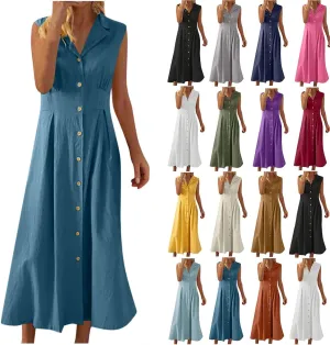 Long Dresses for Women Casual Summer Sleeveless Empire Waist Tshirts Dress Cotton Linen Button Down Maxi Sundress