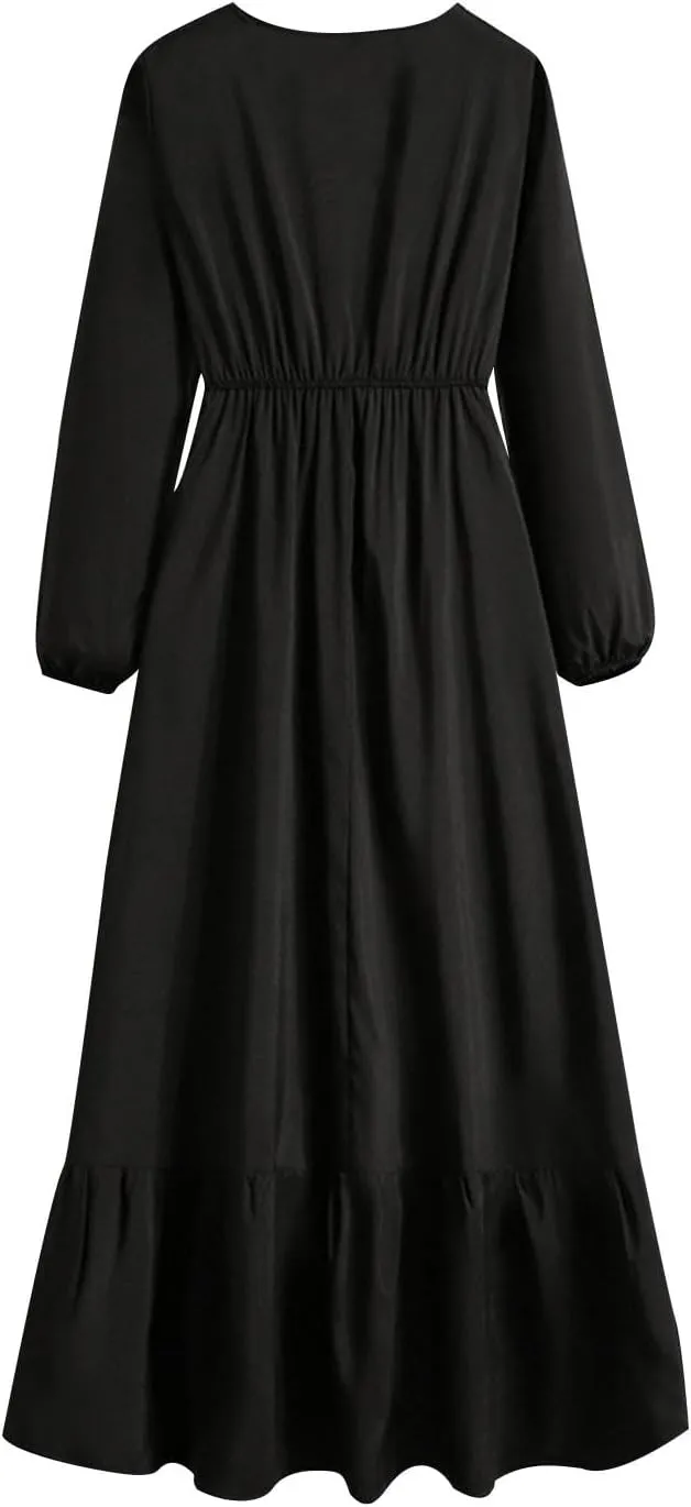 Long Dresses for Women Fall Fashion Long Sleeve Elastic Waist Tiered Ruffle Maxi Dress Causal Crewneck Party Dresses