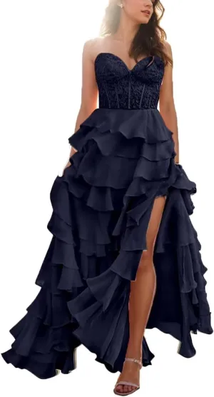 Long Laces Prom Dress with Slit Strapless Formal Evening Dresses 2024 Tiered Ball Gowns for Women Party Gowns Chiffon