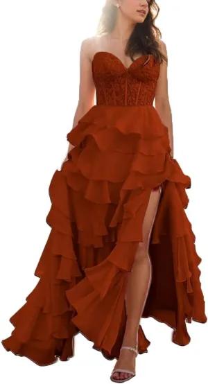 Long Laces Prom Dress with Slit Strapless Formal Evening Dresses 2024 Tiered Ball Gowns for Women Party Gowns Chiffon