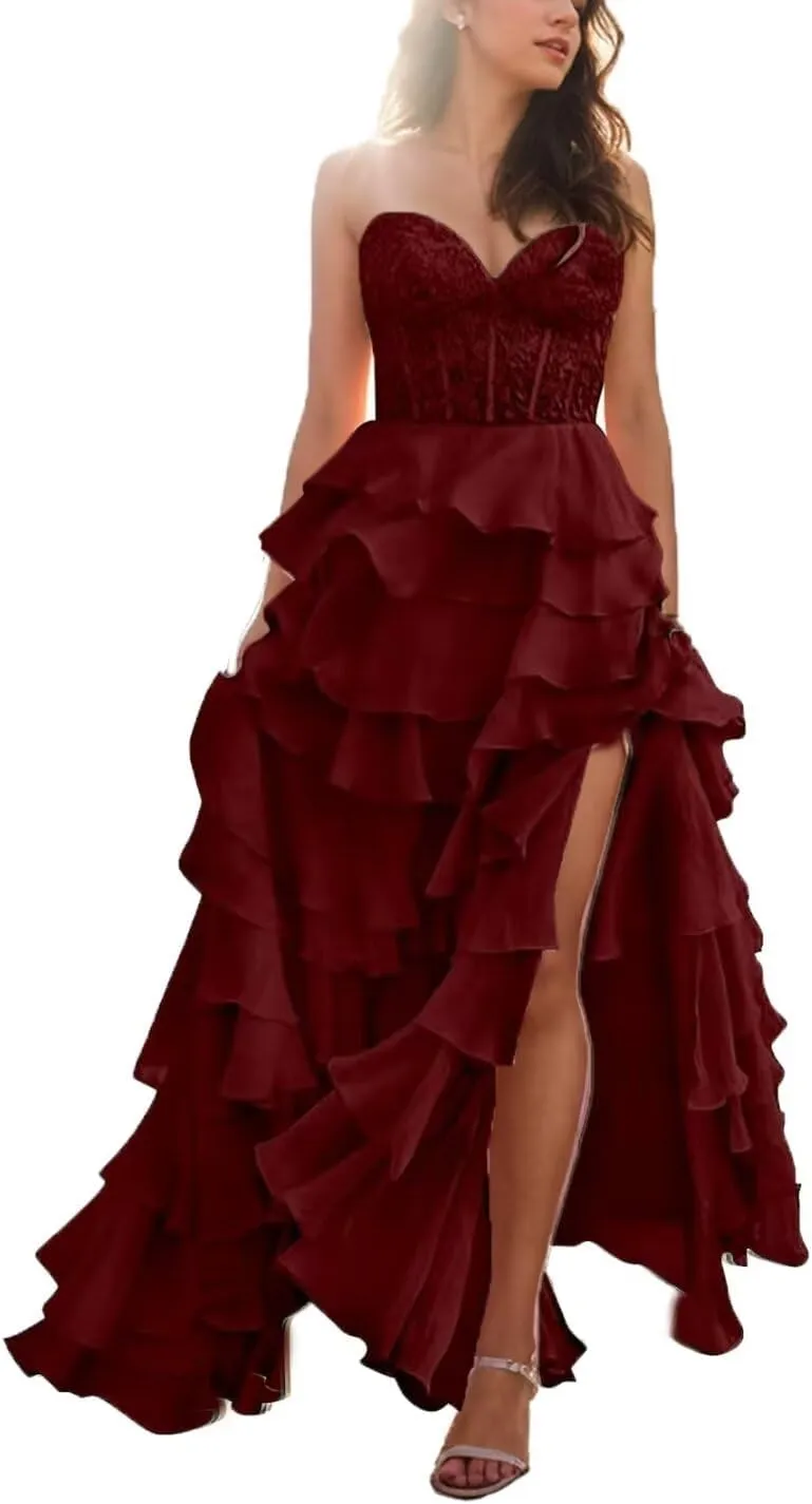 Long Laces Prom Dress with Slit Strapless Formal Evening Dresses 2024 Tiered Ball Gowns for Women Party Gowns Chiffon