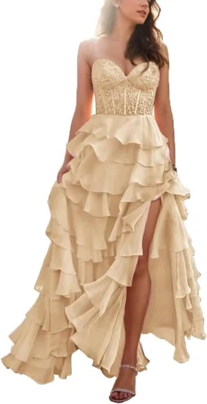 Long Laces Prom Dress with Slit Strapless Formal Evening Dresses 2024 Tiered Ball Gowns for Women Party Gowns Chiffon