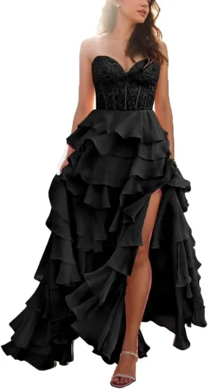 Long Laces Prom Dress with Slit Strapless Formal Evening Dresses 2024 Tiered Ball Gowns for Women Party Gowns Chiffon