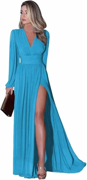 Long Sleeve Chiffon Bridesmaid Dresses for Women V Neck Empire Waist Pleated Long Evening Formal Dress with Slit