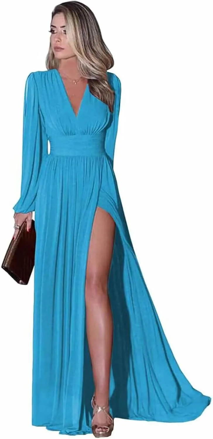 Long Sleeve Chiffon Bridesmaid Dresses for Women V Neck Empire Waist Pleated Long Evening Formal Dress with Slit