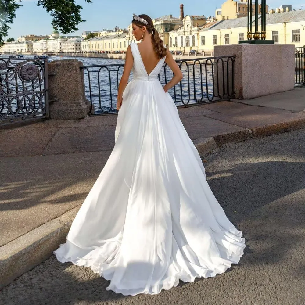 Long Sleeve Lace Wedding Dresses for Bride Satin Ball Gowns Simple V Neck Bridal Gowns for Women