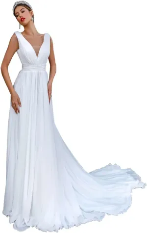 Long Sleeve Lace Wedding Dresses for Bride Satin Ball Gowns Simple V Neck Bridal Gowns for Women