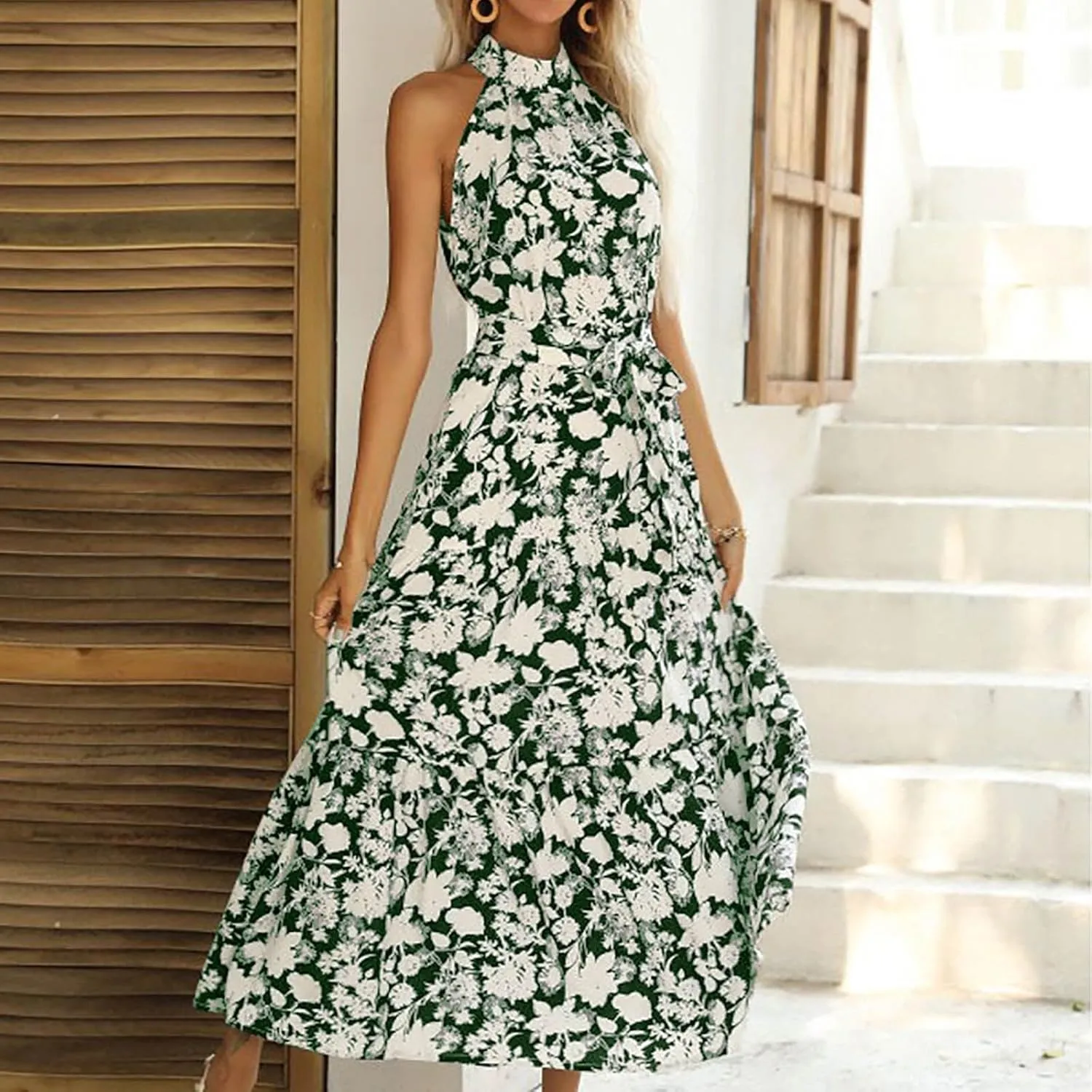 Lpmadey Women Summer Swing A Line Dresses Sleeveless Casual Floral Print Long Boho Flowy Sundress Beach Party Maxi Dress