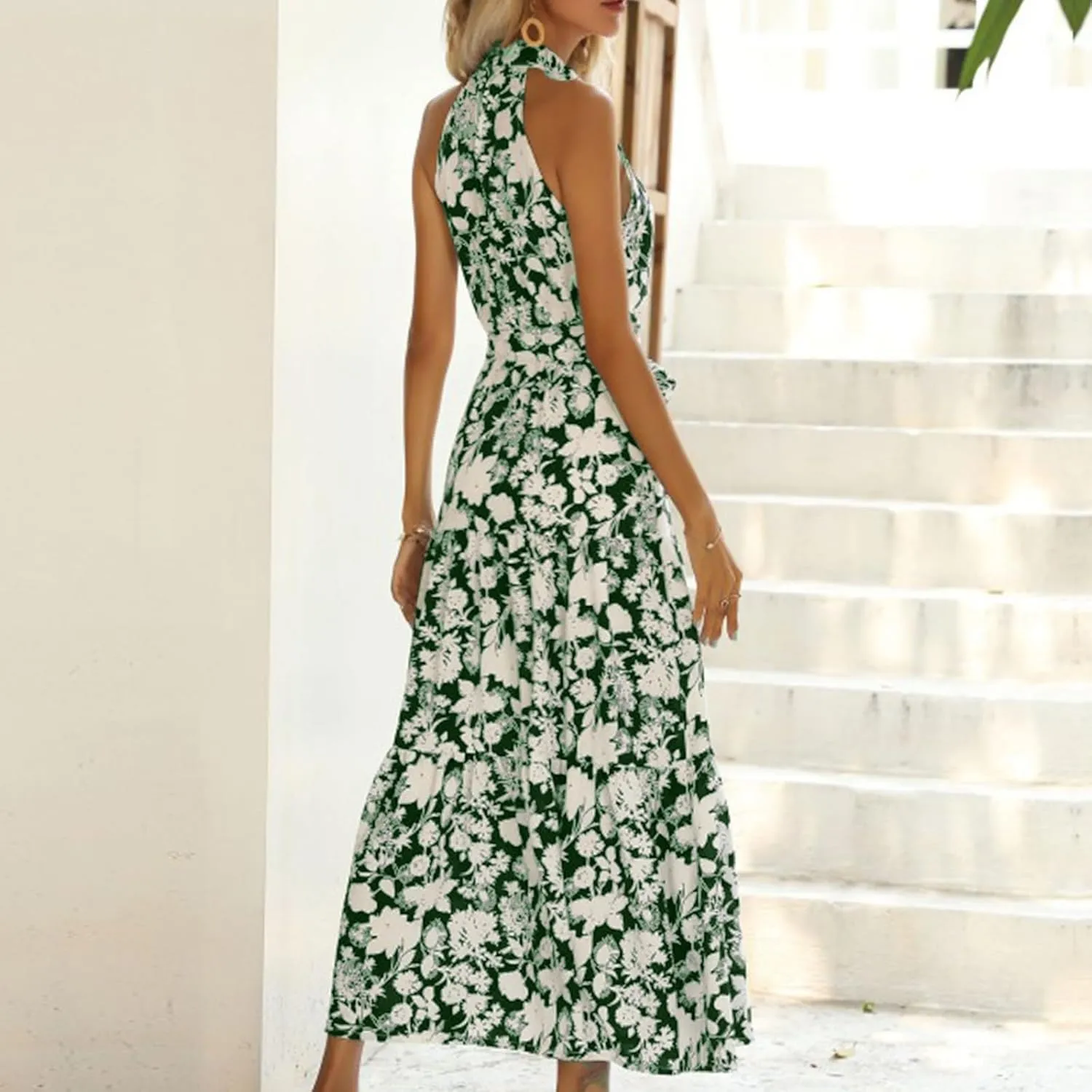 Lpmadey Women Summer Swing A Line Dresses Sleeveless Casual Floral Print Long Boho Flowy Sundress Beach Party Maxi Dress